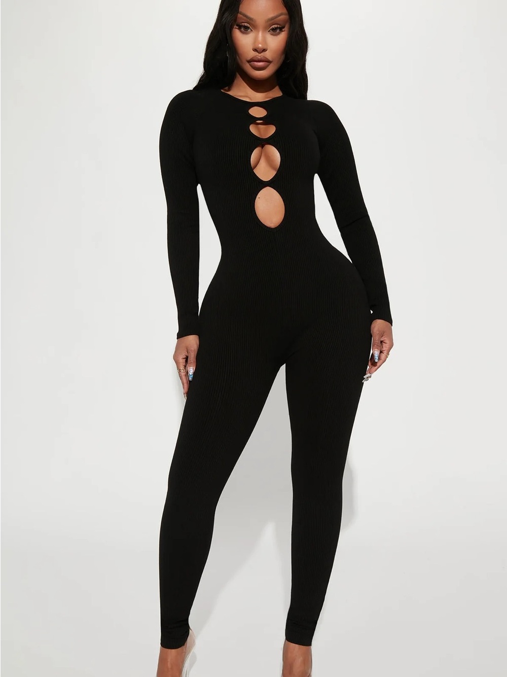 Cutout Front Long-Sleeve Black Snatched Ribbed Jumpsuit